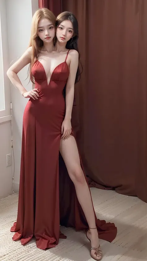 best resolution, 3 heads, Australian girl Instagram model girl three heads, 19 years old, youthful, youthful, wearing a red dress posing for a picture, wearing red dress, in long red or blue dresses, wearing a red dress, wearing red formal attire, elegant ...