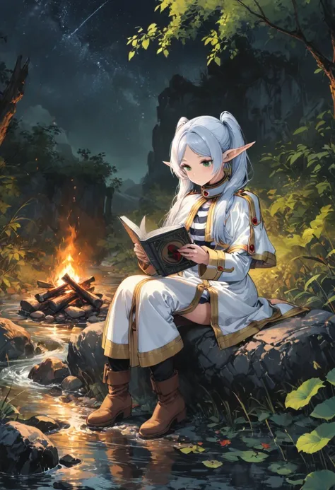 girl, frieren, pointy ears, elf, green eyes, long hair, twintails, boots, white dress, white capelet, outdoors, long sleeves, cinematic lighting, starry sky, sitting on stone near behind a campfire, reading a book, ink style, realistic, detailed background...