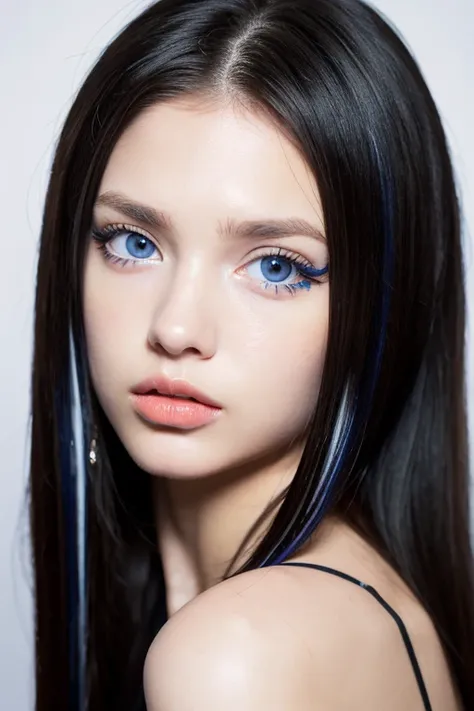 Realistic girl with blue eyes pupil 18 years old black blonde hair