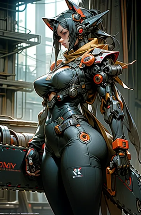 dark_fantasy,cyber punk,(chainsaw,chainsaw man,red:1.1),1 man,Wonders of the machine,robot-like being,cybernetic guardian,camel toe、huge tit、nipple puff、cleavage、Plump、Super big breasts、super big butt