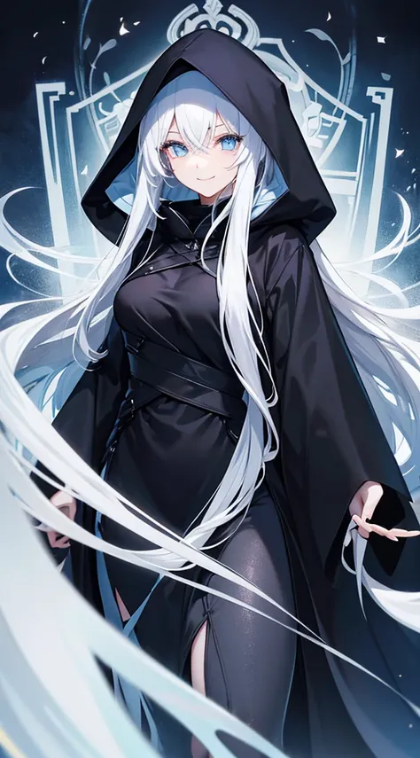 cover magazine, anime. a young woman with long white hair and blue eyes. wearing all black clothes. wearing a long black robe an...