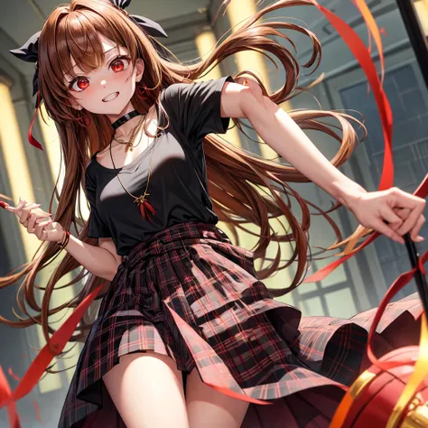 reddish-brown golden hair、red eyes、one good looking girl、solo、anime、plaid mini skirt、black camisole、black t-shirt、dress、wearing a ribbon、ribbon at waist、crystal earrings、jewelry necklace、Light and shadow、tilting one&#39;s face、teeth are visible、pillar、torc...