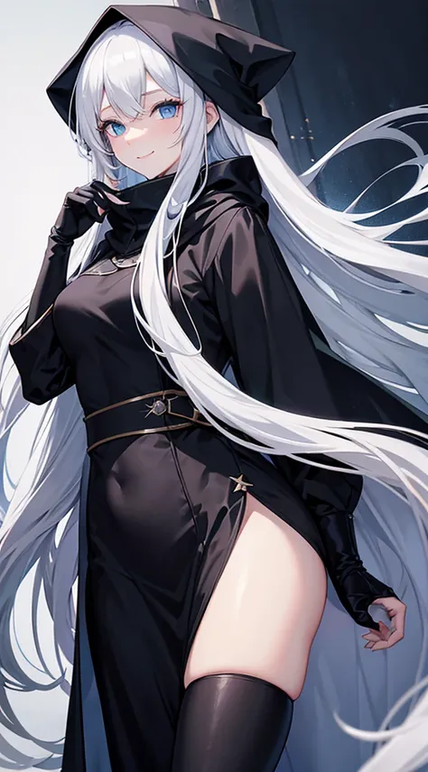 Cover magazine, anime. A young woman with long white hair and blue eyes. Wearing all black clothes. Wearing a long black robe and a hood covering her head. A mysterious impression. She was smiling brightly.