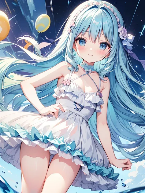 masterpiece, best quality, extremely detailed, (illustration, official art: 1.1), 1 girl, (((light blue long hair))), light blue hair, 10 years old, long hair ((blush)), cute face, big eyes, masterpiece, best quality, (((a very delicate and beautiful girl)...