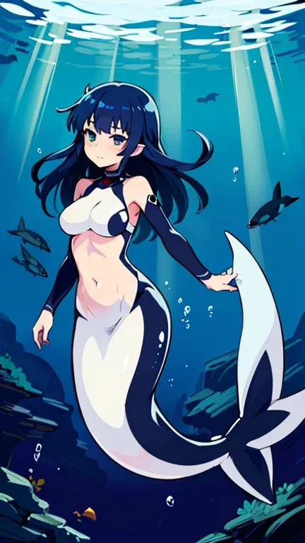 high quality, masterpiece, full body, anime style, underwater, 1girl, mershark, mermaid girl,  mature, sexy, lustful, lustful look, swimming suit, mature, slim and sexy body, dark blue hair