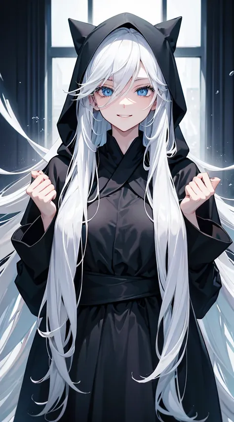 Cover magazine, anime. A young woman with long white hair and blue eyes. Wearing all black clothes. Wearing a long black robe and a hood covering her head. A mysterious impression. She was smiling brightly.