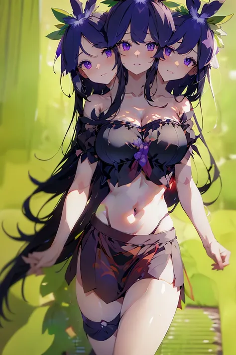 (masterpiece, best quality), best quality, best resolution, (ultra-detailed), (3heads:1.5), 1girl, (hisami yomotsu:1.3), masterpiece, best quality, ultra quality, ultra resolution, purple top, crop top, ((stomach)), midriff, ((groin)), purple skirt, normal...