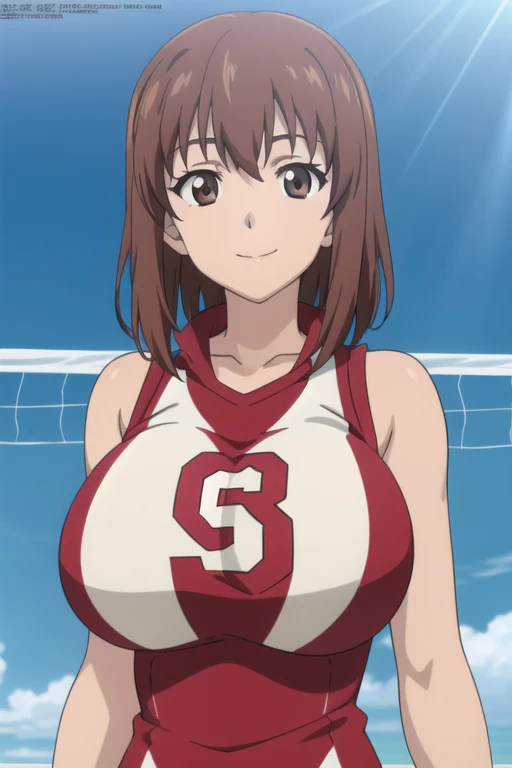 (anime cels style, best quality, high resolution, megami magazine, anime poster style, photorealistic), (beautiful eyes:1.2), kondou_taeko, 1girl, smile, medium hair, brown hair, brown eyes, (hair ribbon, red ribbon), huge breast, (volleyball uniform, slee...