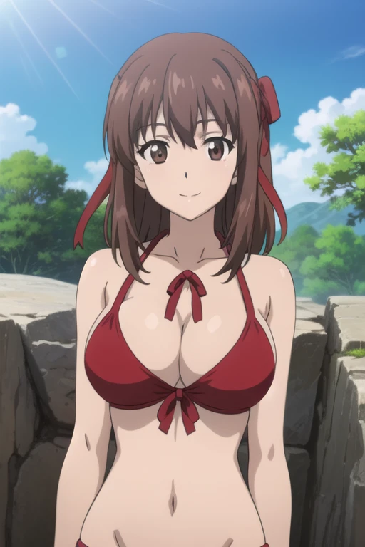 (anime cels style, best quality, high resolution, megami magazine, anime poster style, photorealistic), (beautiful eyes:1.2), kondou_taeko, 1girl, smile, medium hair, brown hair, brown eyes, (hair ribbon, red ribbon:1.5), huge breast, (red bikini), cowboy ...