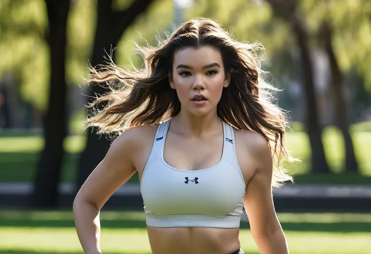 Hailee Steinfeld wearing sexy tight leggings and sports bra, beautiful woman, players perspective, Leica, (Masterpiece, Top Quality, High Resolution:1.4), 1 girl, 30 years old, large breasts, , flowing hair, angel, abs, skin pore texture, HD 4K, 8K, photo,...