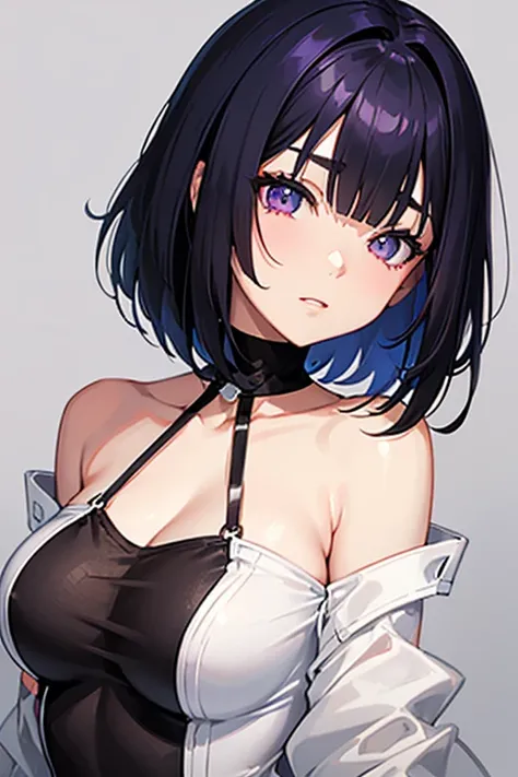 Anime-style portrait of a girl with a dark violet bob cut making eye contact with the camera, bright eyes, baby-faced, subtle smile, minimalistic background to emphasize character, high contrast, clean lines, digital painting, vivid colors, The girl wears ...