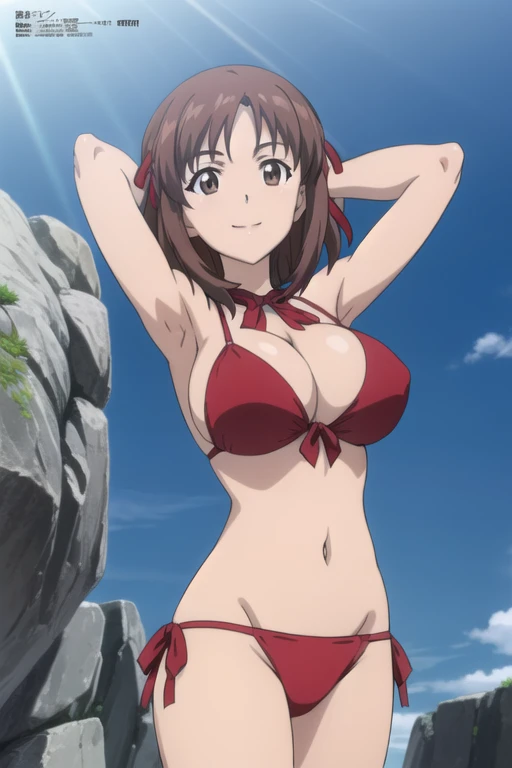 (anime cels style, best quality, high resolution, megami magazine, anime poster style, photorealistic), (beautiful eyes:1.2), kondou_taeko, 1girl, smile, medium hair, brown hair, brown eyes, (red hair ribbon:1.5), (huge breast), (red bikini), cowboy shot, ...