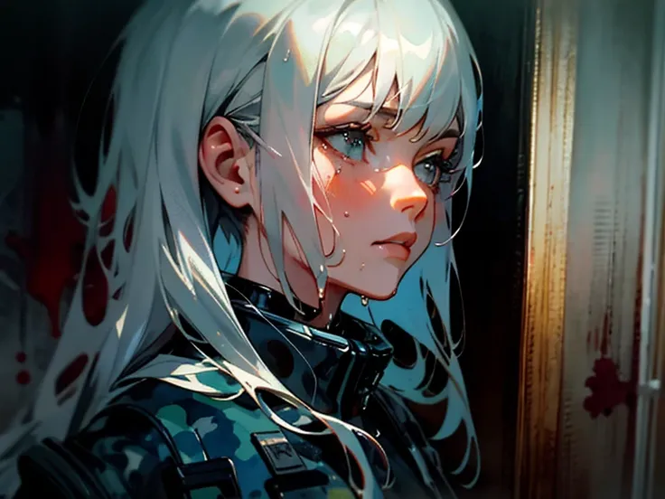 A stunningly beautiful young woman in an apocalyptic, devastated world, beautiful silver hair, Camouflage pattern combat suit, Portrait by Willem Henraets, watercolor, Wet-on-wet and splatter techniques, in the center, perfect composition, abstraction, sur...