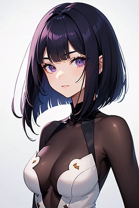 Anime-style portrait of a girl with a dark violet bob cut making eye contact with the camera, bright eyes, baby-faced, subtle smile, minimalistic background to emphasize character, high contrast, clean lines, digital painting, vivid colors, The girl wears ...