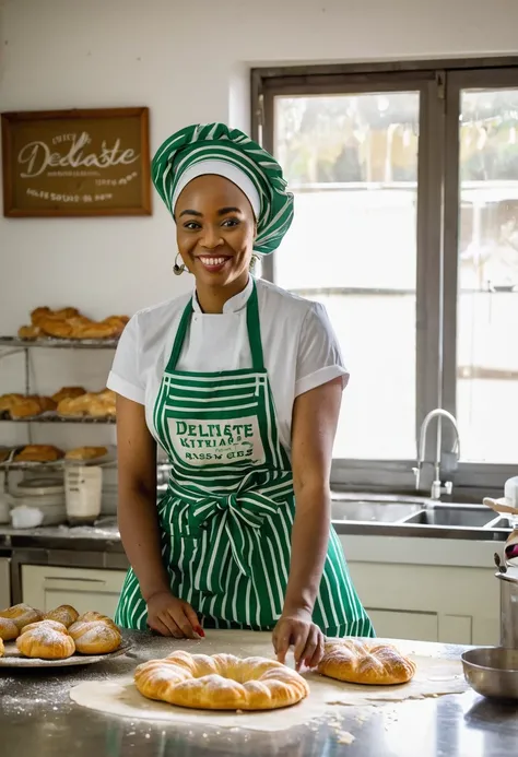 Shes fairly light skinned. Shes making pastries in her studio-kitchen with the inscription "DELITASTE"  framed somewhere in the background but bold enough to be noticed. She lives in Nigeria and is happy with what shes doing. Shes also wearing an apron wit...