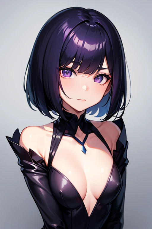 Anime-style portrait of a girl with a dark violet bob cut making eye contact with the camera, bright eyes, baby-faced, subtle smile, minimalistic background to emphasize character, high contrast, clean lines, digital painting, vivid colors, The girl wears ...