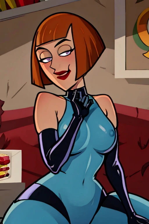 maddie fenton, thinking about danny, horny, at the kitchen table, latex bodysuit, medium close-up, dreaming about sex, loves you, straddling you, kissing you