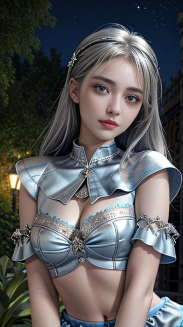 (8k, masterpiece, best quality), ultra-detailed, detailed beautiful round eyes, beautifully detailed face, high quality, high resolution, 1 girl, medium breast, (blue silver cloth:1.5), (bare waist:1.2), nighttime, night garden background,