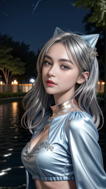 (8k, masterpiece, best quality), ultra-detailed, detailed beautiful round eyes, beautifully detailed face, high quality, high resolution, 1 girl, medium breast, (blue silver cloth:1.5), (bare waist:1.2), nighttime, night garden background,