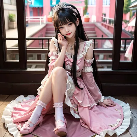 best quality, masterpiece, lifelike, 1 girl, alone, eternal, black hair, Long curly hair, blunt bangs, Smile, pink skirt, pink lolita dress, layered skirt, Lolita style long skirt,分層連衣裙 lace-trimmed 裙子, decorate, lace, long sleeve, puff sleeves, wide sleev...