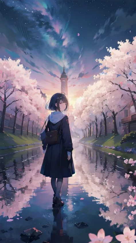 Girl looking up scene 1: Shadow of the cherry blossoms at dusk A girl stands quietly with the sky behind her, Dyed azure. 彼女の目の前にそびえ立つのはバベルのtowerと呼ばれる巨大な桜だ. The Shape, Like piercing the clouds, It&#39;s like it&#39;s reaching the sky. The girl&#39;s gaze i...