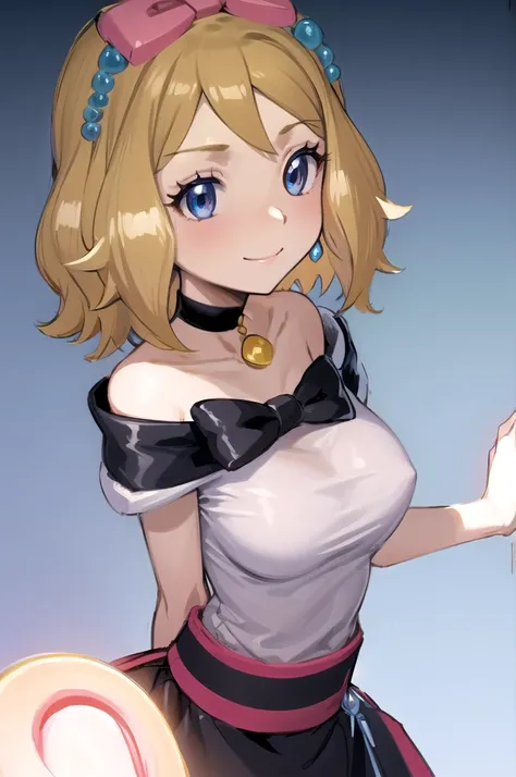 masterpiece, best quality, 1girl,serena (pokemon), short hair, blonde hair, blue eyes, eyelashes, black choker, hair bow, dress, collarbone, large breasts, upper body, smile, looking at viewer, solo, simple background 