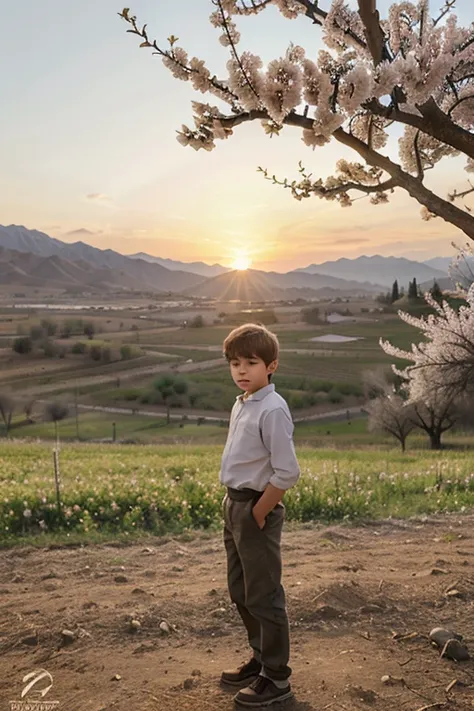 create an image of a boy wit hopeful thoughts standing in almond trees in the spring season. and the sun is rising from the mountains.