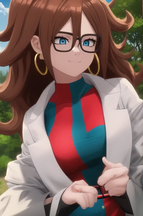 android21, 1girl, solo, blue eyes, brown hair, long hair, curly hair, hair between eyes, jewelry, hoop earrings, glasses,
checke...