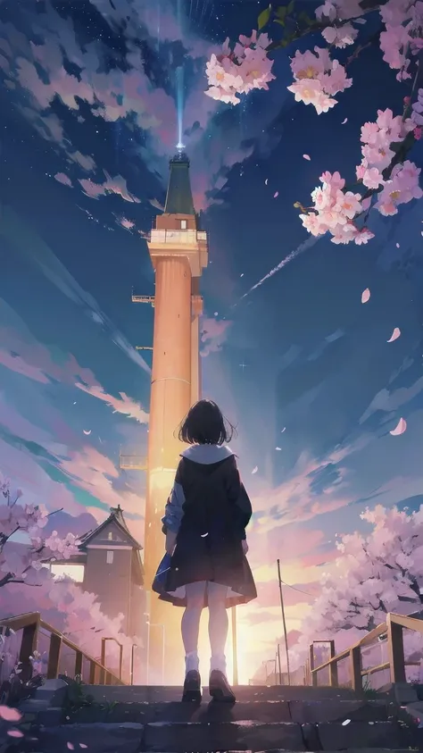 Girl looking up scene 1: Shadow of the cherry blossoms at dusk A girl stands quietly with the sky behind her, Dyed azure. 彼女の目の前にそびえ立つのはバベルのtowerと呼ばれる巨大な桜だ. The Shape, Like piercing the clouds, It&#39;s like it&#39;s reaching the sky. The girl&#39;s gaze i...