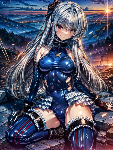 perfect anatomy, highest quality, marirose,evil smile,provocative attitude
,(Girls greet dawn on top of a pile of rubble:1.1),evil smile,anime style,(Torn frill swimsuit:1.5, Thighhighs, removed sleeve), (anime style:1.4) ,
silver hair,(White fingers:1.1,b...