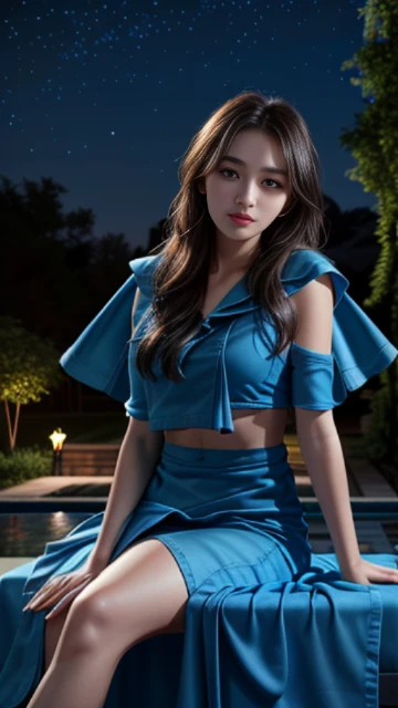 (8k, masterpiece, best quality), ultra-detailed, detailed beautiful round eyes, beautifully detailed face, high quality, high resolution, 1 girl, medium breast, best pose, (blue cloth:1.5), (bare waist:1.2), nighttime, night garden background,