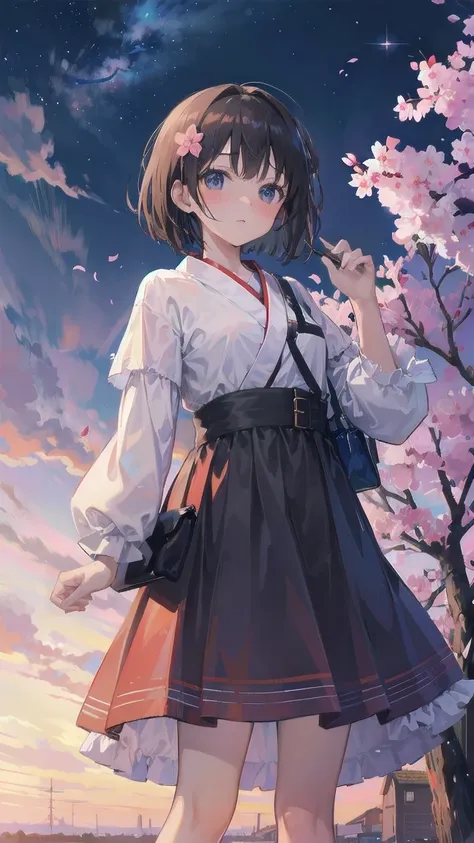 girl looking up scene 1: shadow of the cherry blossoms at dusk a girl stands quietly with the sky behind her, dyed azure. 彼女の目の前...