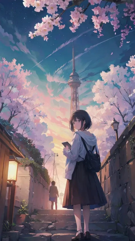 Girl looking up scene 1: Shadow of the cherry blossoms at dusk A girl stands quietly with the sky behind her, Dyed azure. 彼女の目の前にそびえ立つのはバベルのtowerと呼ばれる巨大な桜だ. The Shape, Like piercing the clouds, It&#39;s like it&#39;s reaching the sky. The girl&#39;s gaze i...