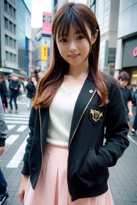 masterpiece, highest quality, 8K, super dense skin, perfect anatomy, 1 girl, skirt and jacket, (Tokyo Shibuya Street:1.3), (Depth of the bounds written),(lens glow) ,Sony 7, 35mm, F1.8, Physically based rendering,