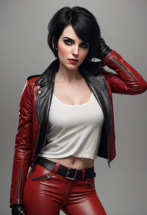 beautiful 25-year-old british vampire mercenary woman with short black hair, pale skin, wearing a red leather jacket and black t...