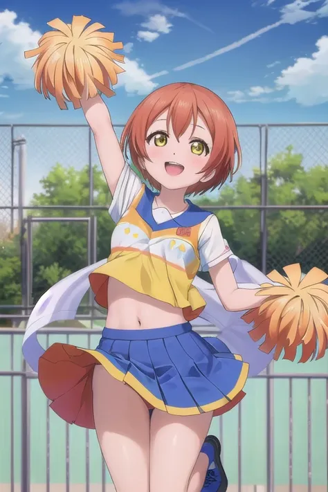 masterpiece, highest quality,Super detailed,girl,Happy,smile,blanket,rin hoshizora outdoor fence,dome,jumping,open your mouth,cheerleader