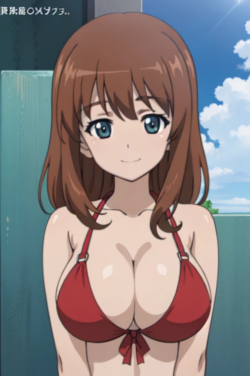 (anime cels style, best quality, high resolution, megami magazine, anime poster style, photorealistic), (beautiful eyes:1.2), kondou_taeko, 1girl, smile, medium hair, brown hair, brown eyes, (hair ribbon:1.2, red ribbon), (huge breast), (red bikini), upper...