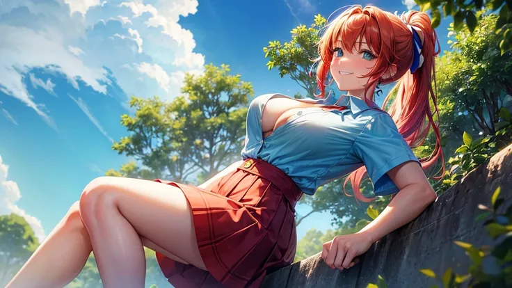 1girl, summer, village, trees, sun, clouds, ((colorful hair)), ponytail, large breasts, button down, blue eyes, ((red, white and green shirt)), ((unbuttoned shirt)), unbuttoning buttons, ((short sleeved shirt)), black mini skirt, brown shoes, grin, looking...