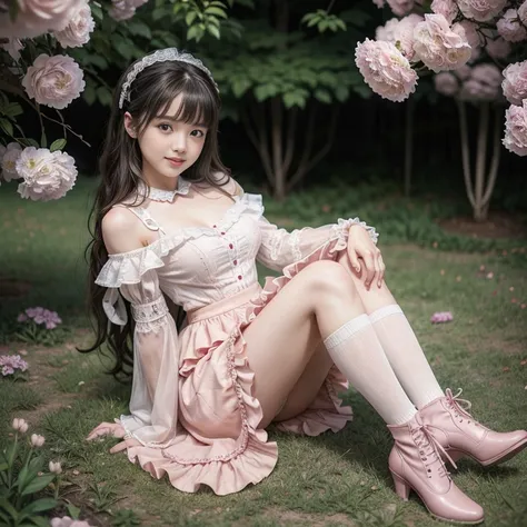 best quality, masterpiece, lifelike, 1 girl, alone, eternal, black hair, Long curly hair, blunt bangs, Smile, pink skirt, pink lolita dress, layered skirt, Lolita style long skirt,Layered dress lace-trimmed skirt, decorate, lace, long sleeve, puff sleeves,...