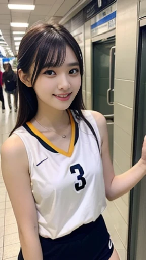 It captures a beautiful 24-year-old Japanese woman with the figure of a member of Japanese idol groups Keyakizaka46 and Nogizaka46.。She is posing as a volleyball player。With a smile、I&#39;m posing with the wide angle slightly raised.。Her natural charm and ...