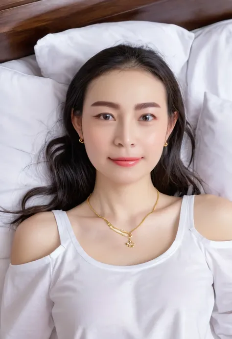 1 girl,8k, masterpiece,on bed, small gold necklace,lie down