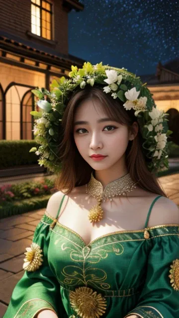 (8k, masterpiece, best quality), ultra-detailed, detailed beautiful round eyes, beautifully detailed face, high quality, high resolution, 1 girl, medium breast, (Devine cloth:1.5), nighttime, night garden background