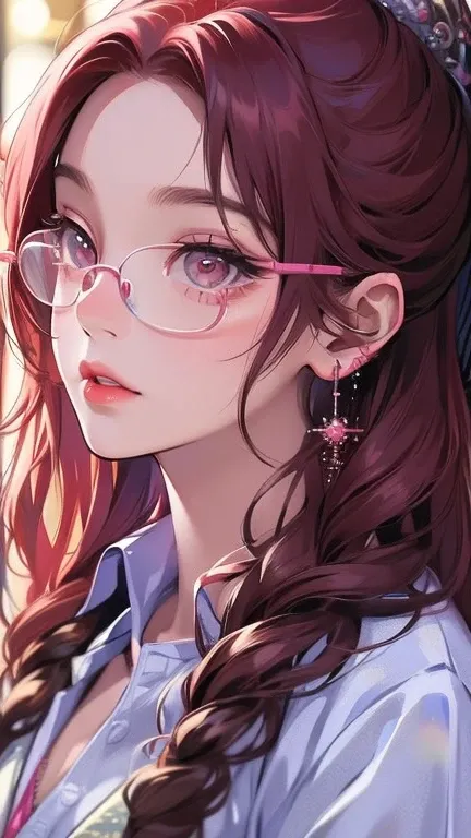 Close-up of a woman with rosa hair wearing glasses, obra de arte en estilo retrato realista kawaii, inspirado en Seihiko-kun, glowing rosa face, rosa girl, hermoso retrato animado, rosa glasses, glowing rosa eye