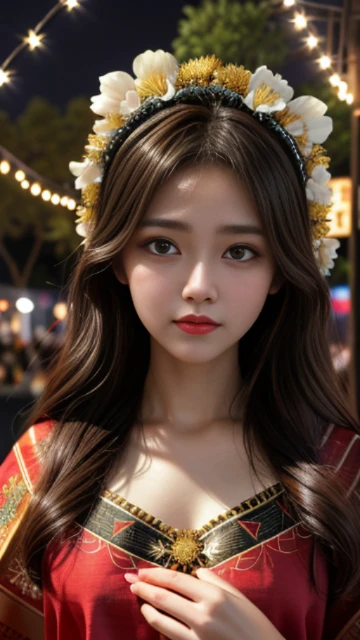 (8k, masterpiece, best quality), ultra-detailed, detailed beautiful round eyes, beautifully detailed face, high quality, high resolution, 1 girl, medium breast, (Devine cloth:1.5), nighttime, night garden background