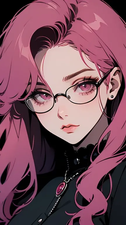 Close-up of a woman with rosa hair wearing glasses, obra de arte en estilo retrato realista kawaii, inspirado en Seihiko-kun, glowing rosa face, rosa girl, hermoso retrato animado, rosa glasses, glowing rosa eye