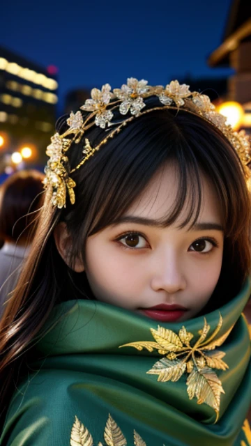 (8k, masterpiece, best quality), ultra-detailed, detailed beautiful round eyes, beautifully detailed face, high quality, high resolution, 1 girl, medium breast, (Devine cloth:1.5), nighttime, night garden background