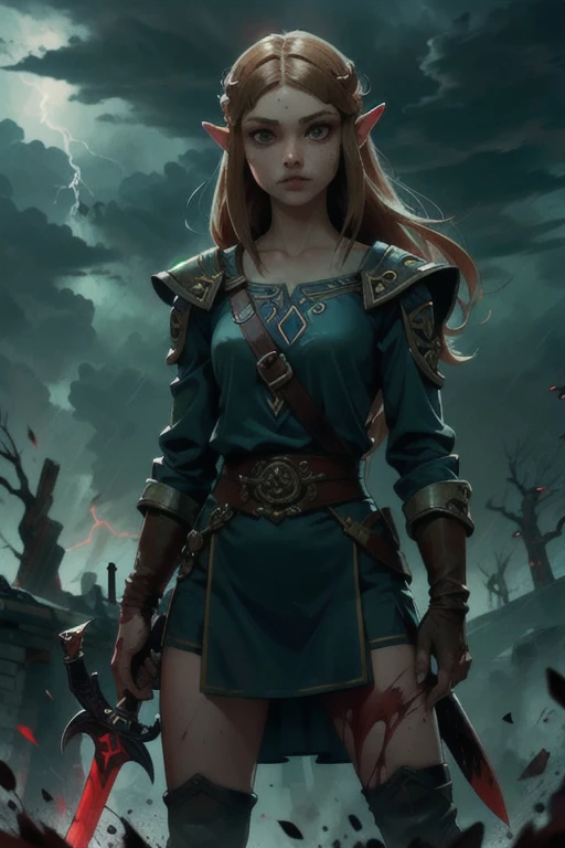 thunderstorm, princess zelda, standing alone, sword, blank eyes, covered in blood and gore,