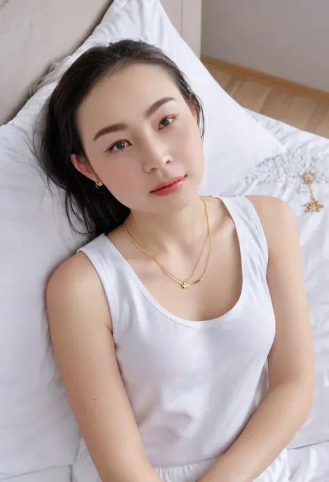 1 girl,8k, masterpiece,on bed, small gold necklace,lie down