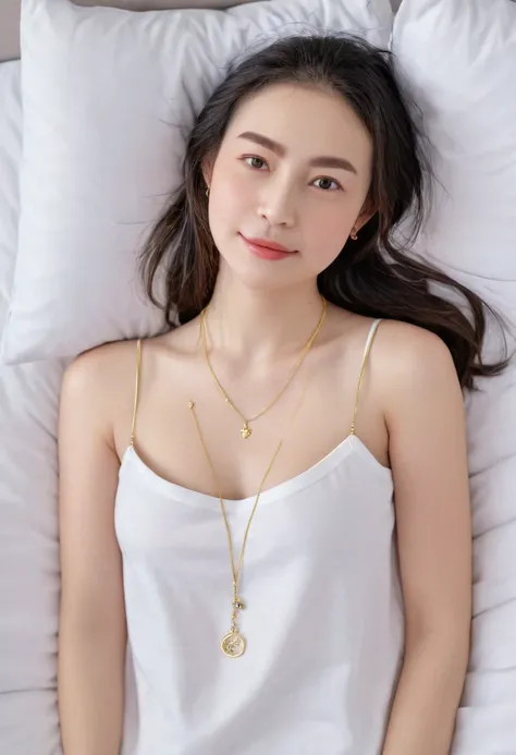 1 girl,8k, masterpiece,on bed, small gold necklace,lie down