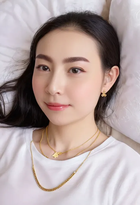 1 girl,8k, masterpiece,on bed, small gold necklace,lie down